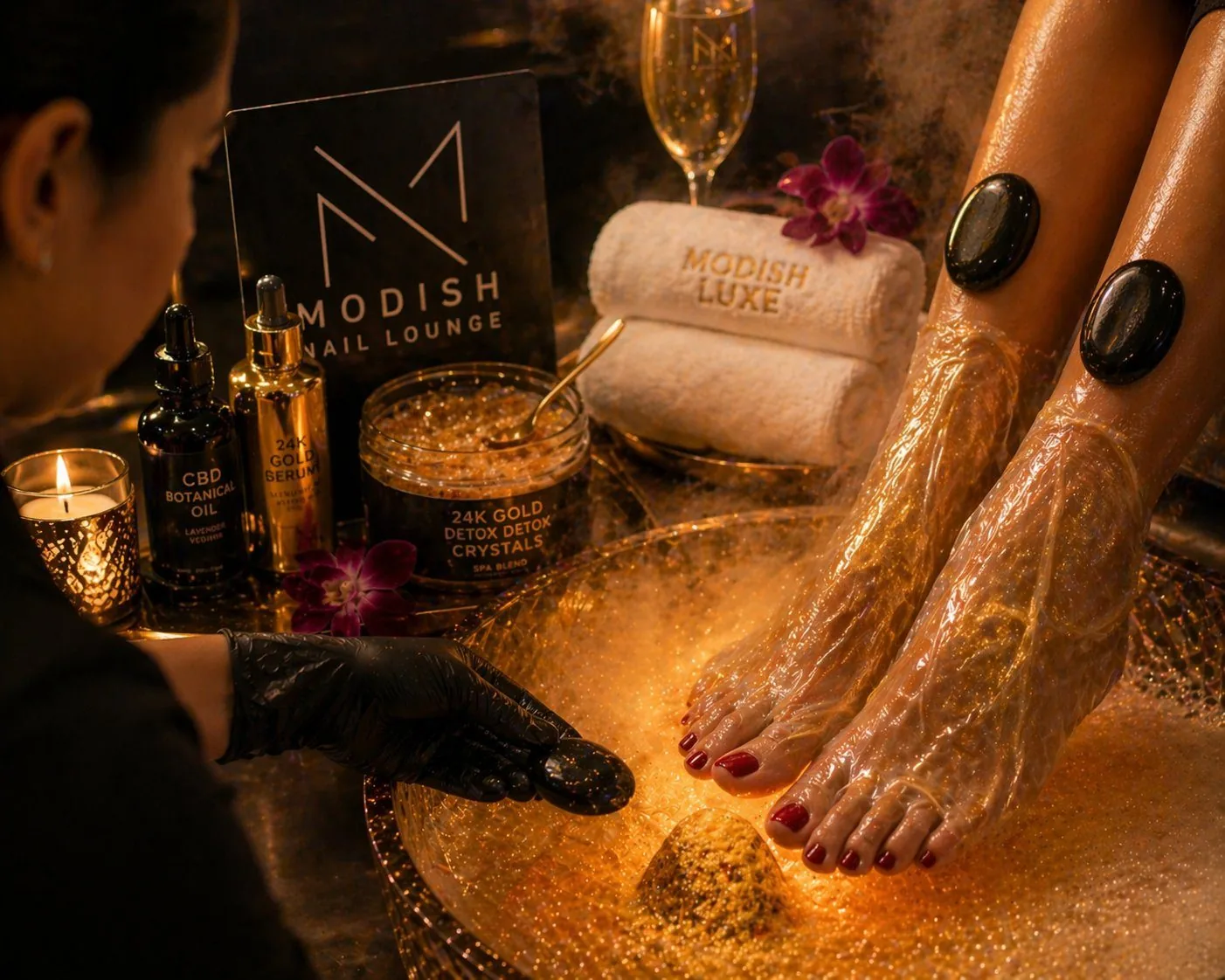 Modish Luxe Pedicure with 24K gold serum and hot stones